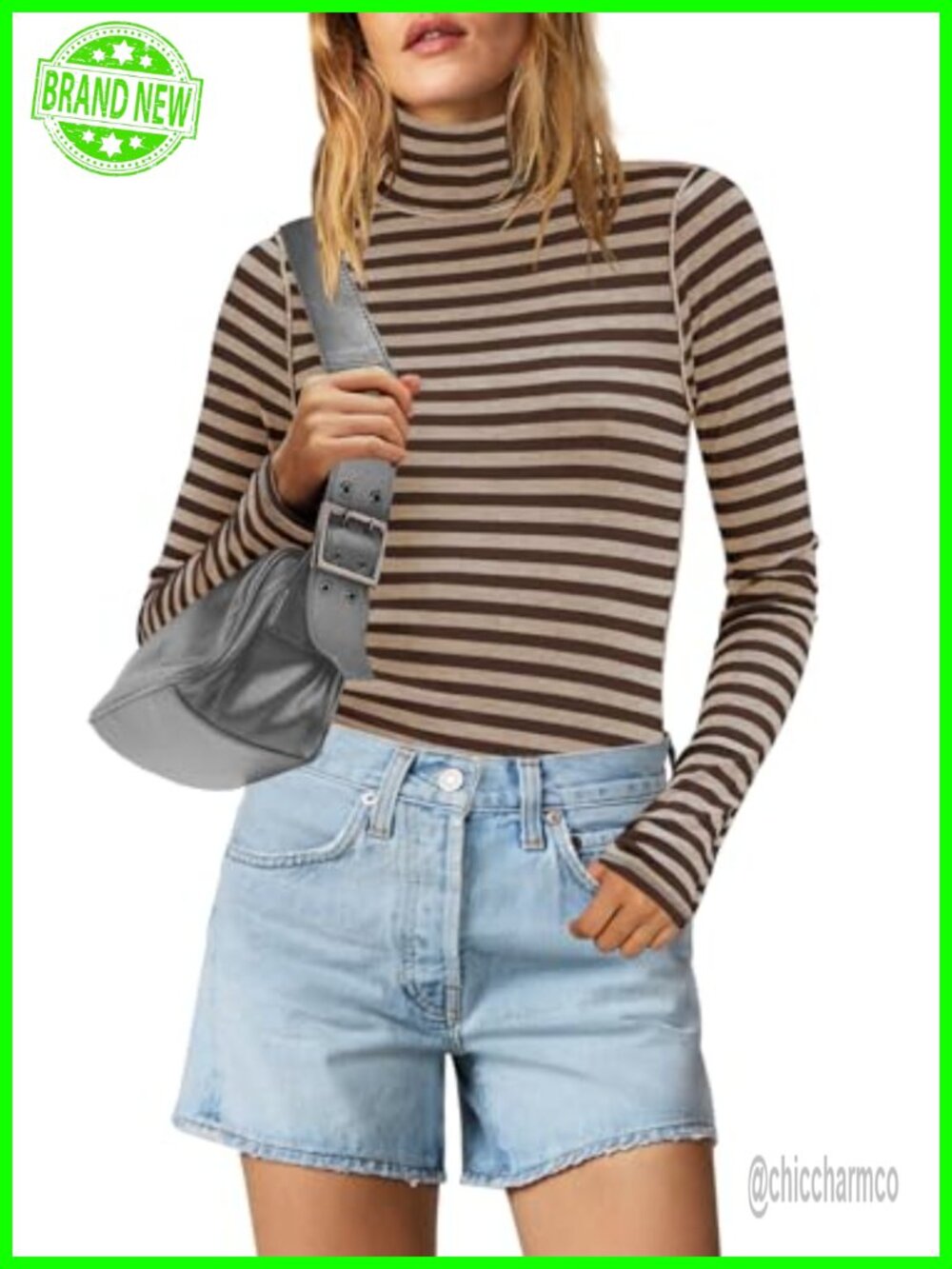 Striped Turtleneck Long Sleeve Ribbed Knit Slim Fit Top